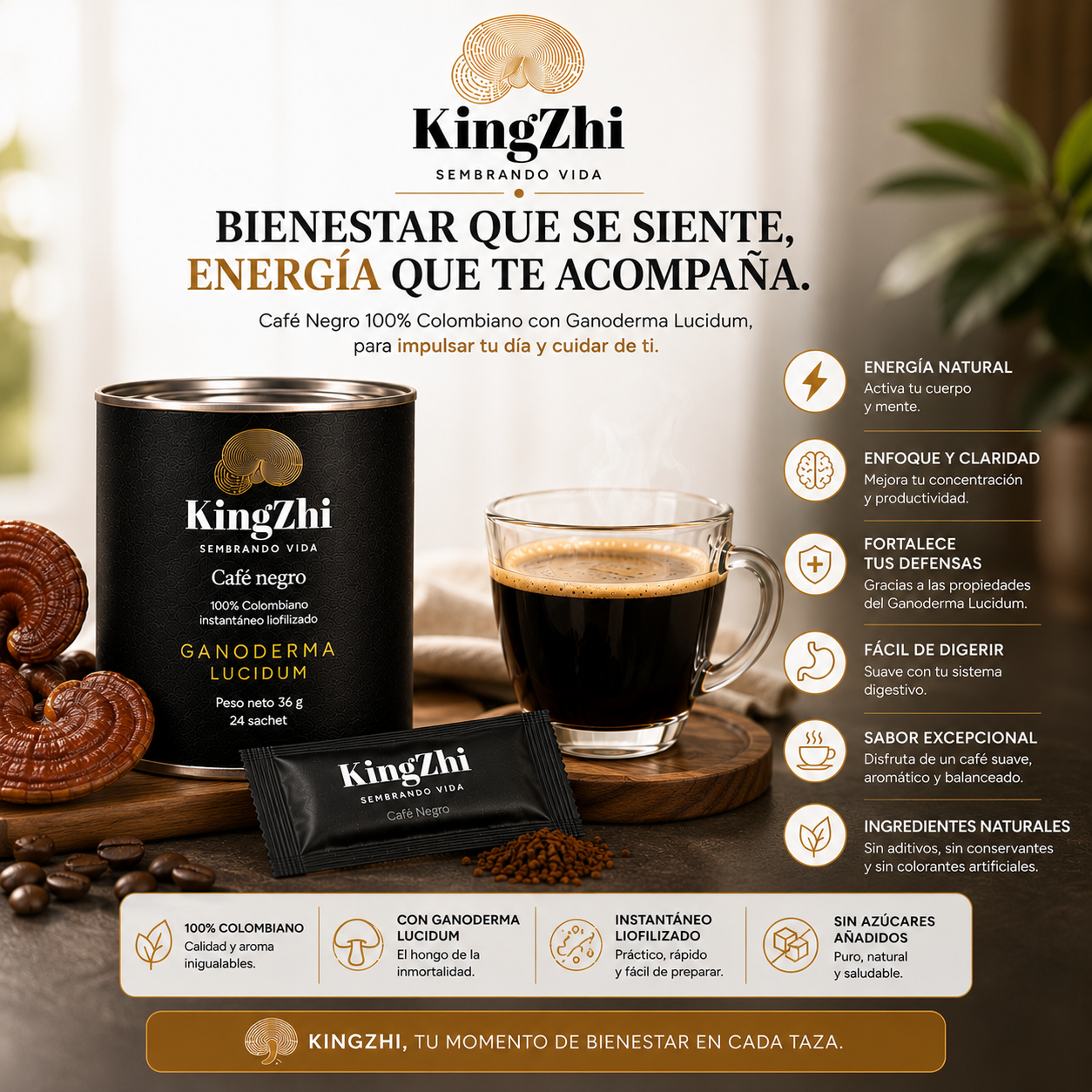 Café Negro Ganoderma Lucidum Premium Tipo Exportación Colombiano | Tarro 24 Sachets (36 g) | Café Liofilizado Premium - Imagen 11
