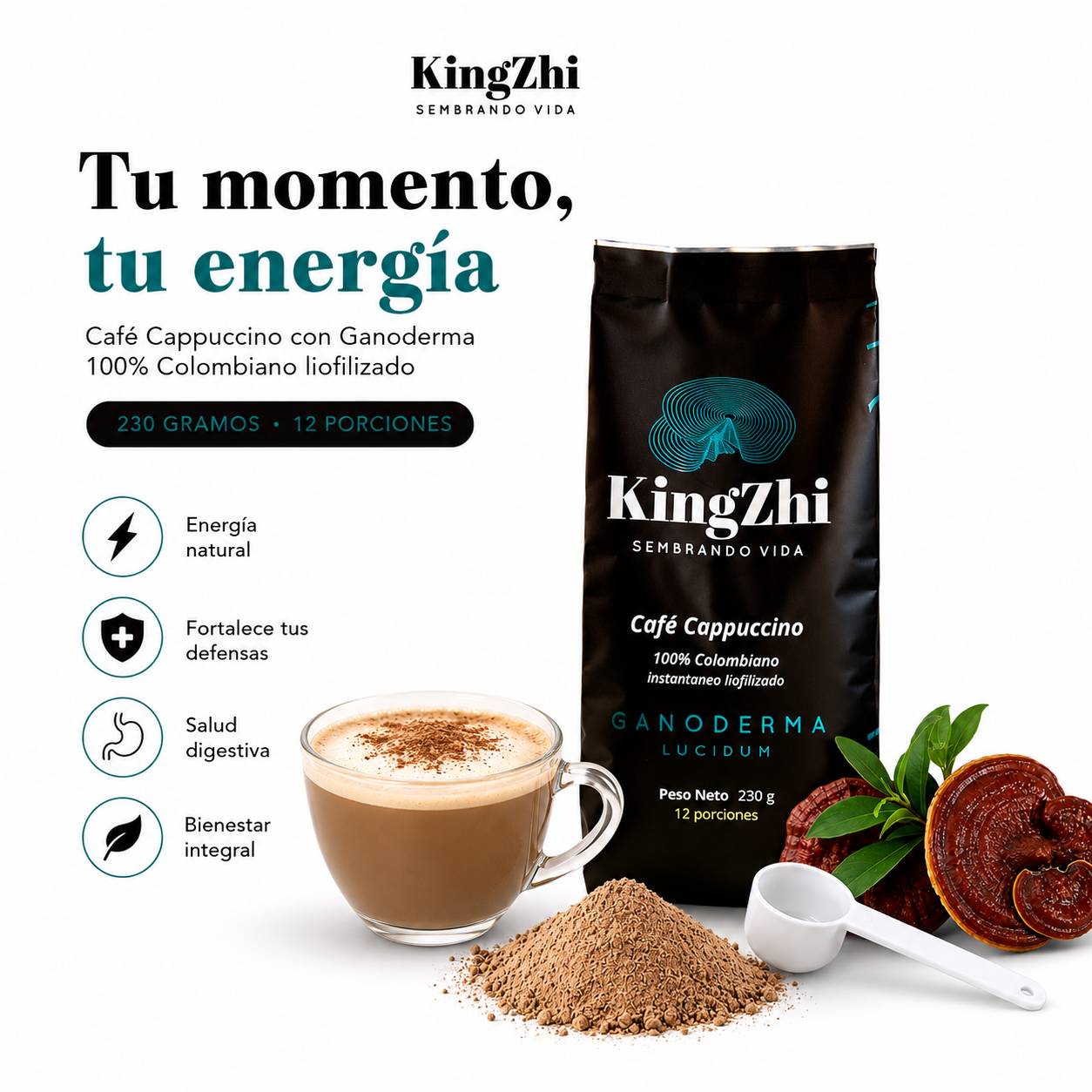 Café Cappuccino Ganoderma Lucidum Premium Tipo Exportación Colombiano Bolsa 230 g | 12 porciones | Café Liofilizado 100% Colombiano | Bebida Funcional - Imagen 3