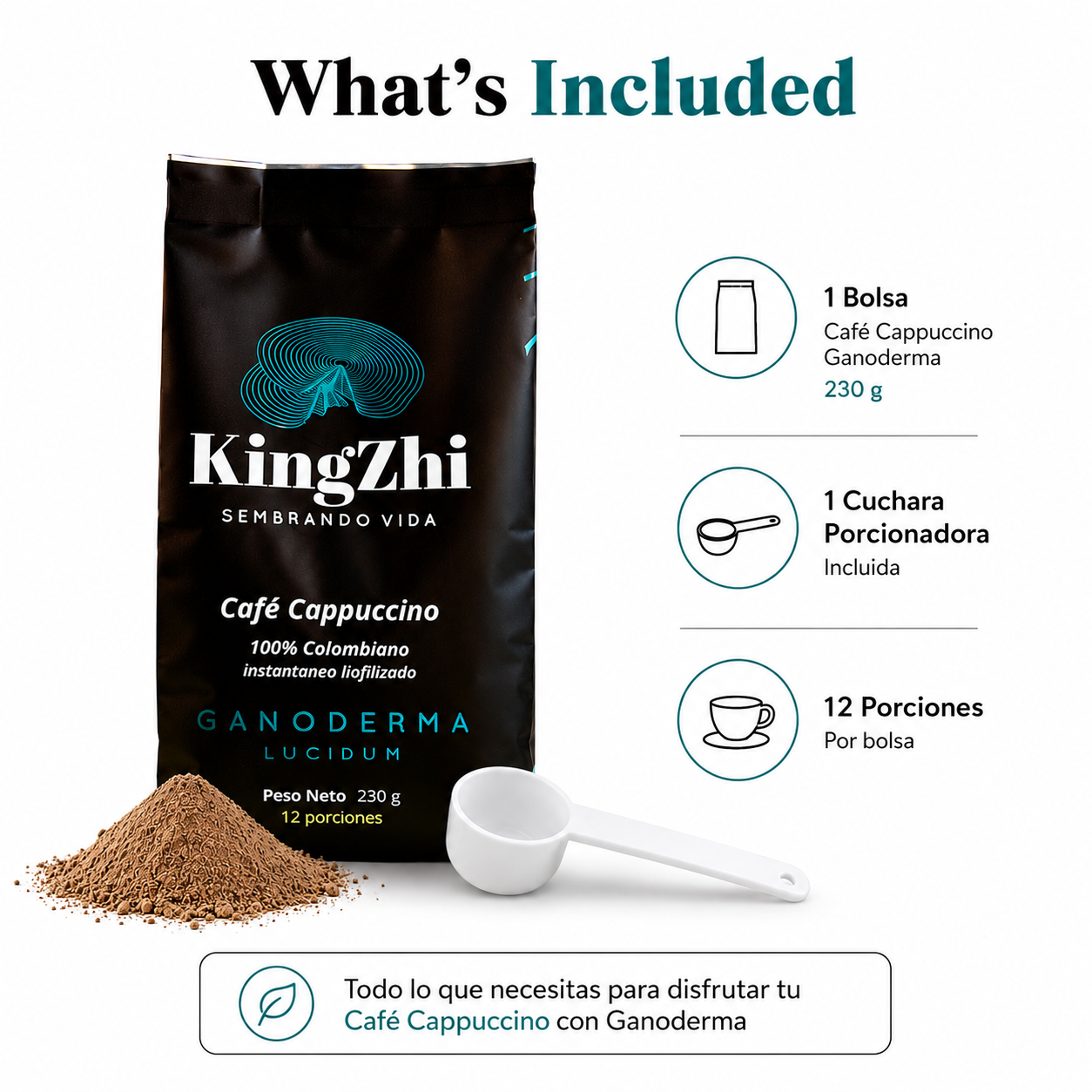 Café Cappuccino Ganoderma Lucidum Premium Tipo Exportación Colombiano Bolsa 230 g | 12 porciones | Café Liofilizado 100% Colombiano | Bebida Funcional - Imagen 4