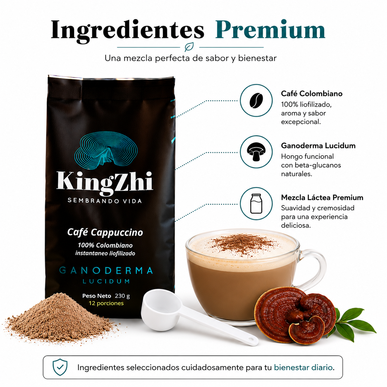 Café Cappuccino Ganoderma Lucidum Premium Tipo Exportación Colombiano Bolsa 230 g | 12 porciones | Café Liofilizado 100% Colombiano | Bebida Funcional - Imagen 5
