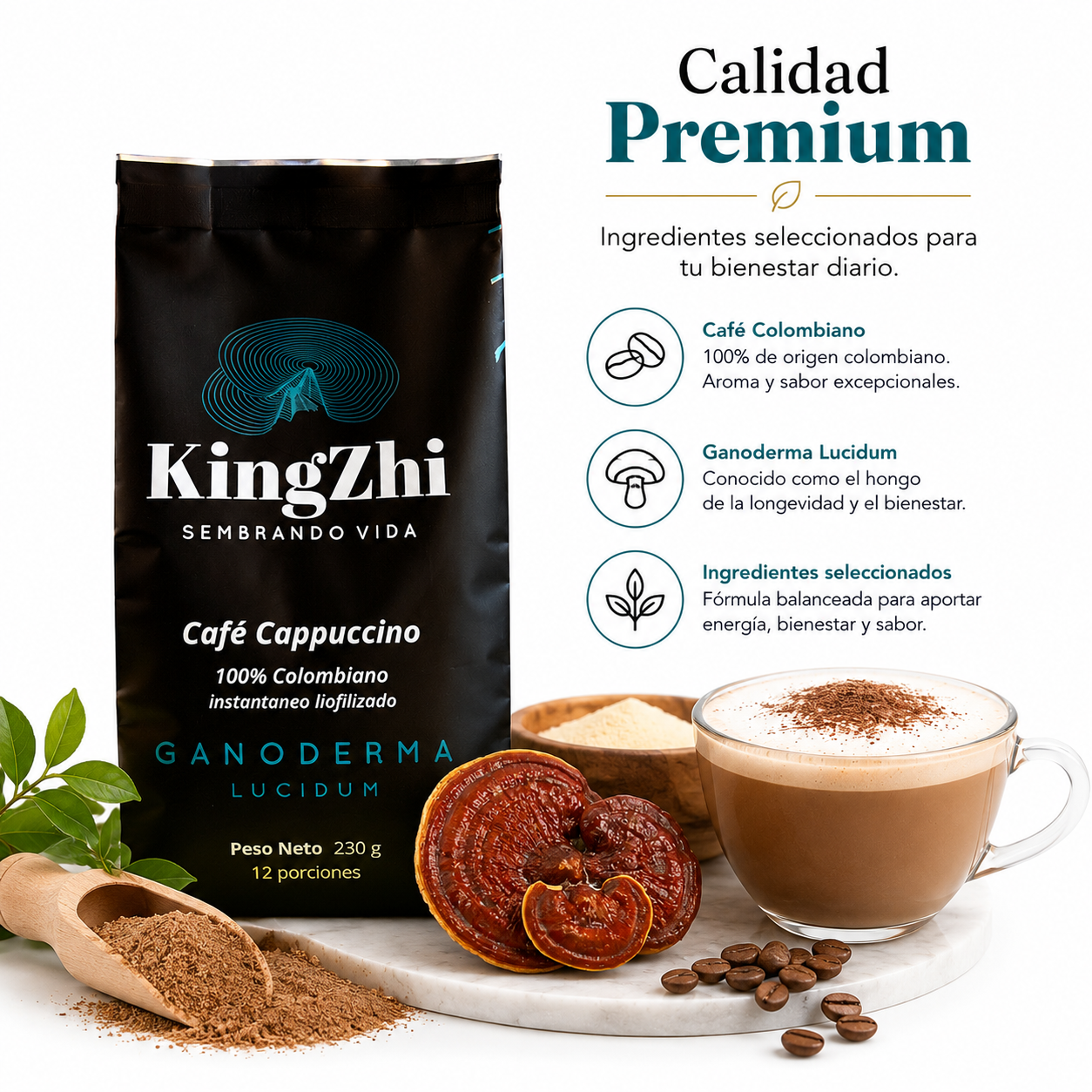 Café Cappuccino Ganoderma Lucidum Premium Tipo Exportación Colombiano Bolsa 230 g | 12 porciones | Café Liofilizado 100% Colombiano | Bebida Funcional - Imagen 6