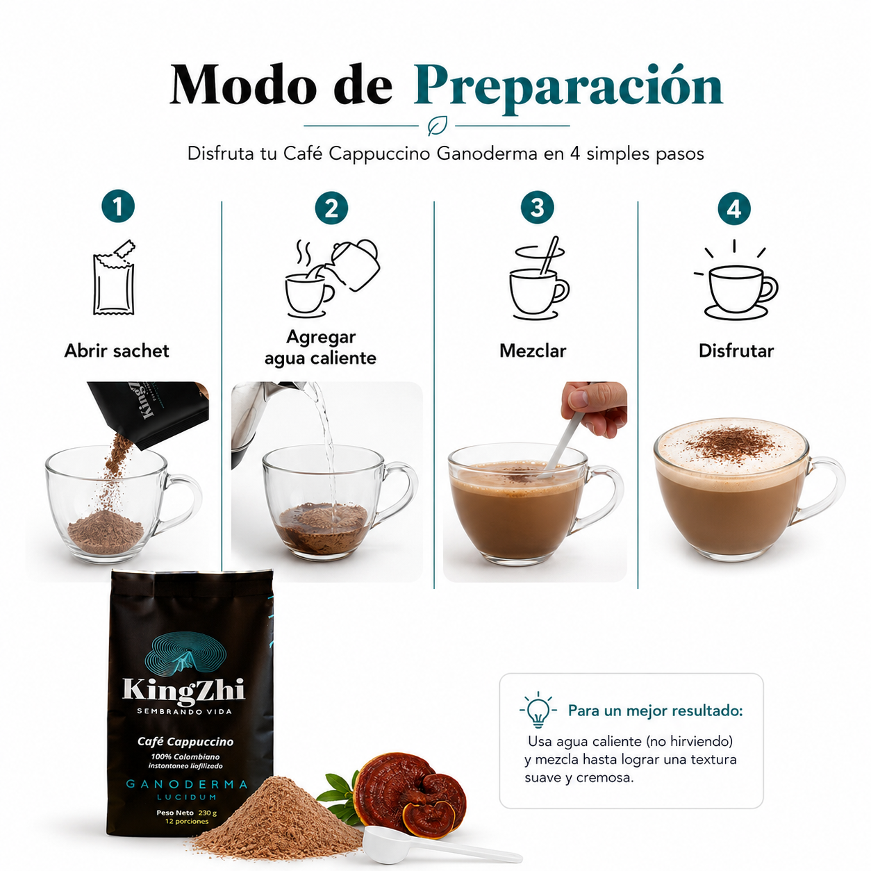 Café Cappuccino Ganoderma Lucidum Premium Tipo Exportación Colombiano Bolsa 230 g | 12 porciones | Café Liofilizado 100% Colombiano | Bebida Funcional - Imagen 7