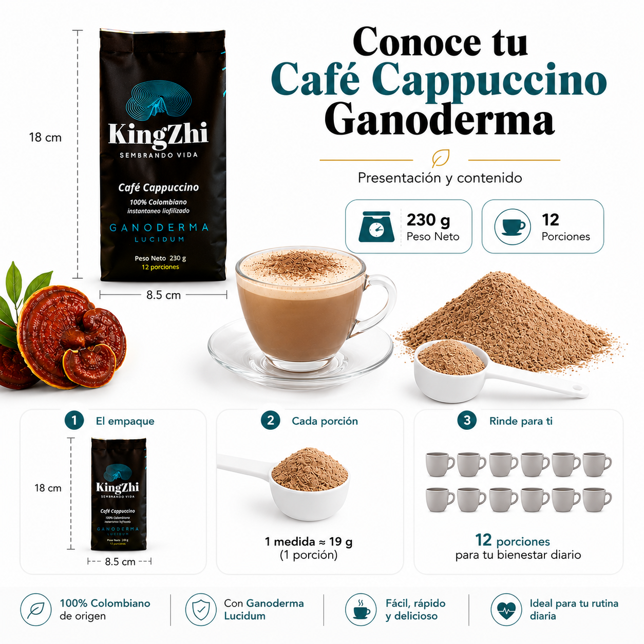 Café Cappuccino Ganoderma Lucidum Premium Tipo Exportación Colombiano Bolsa 230 g | 12 porciones | Café Liofilizado 100% Colombiano | Bebida Funcional - Imagen 8