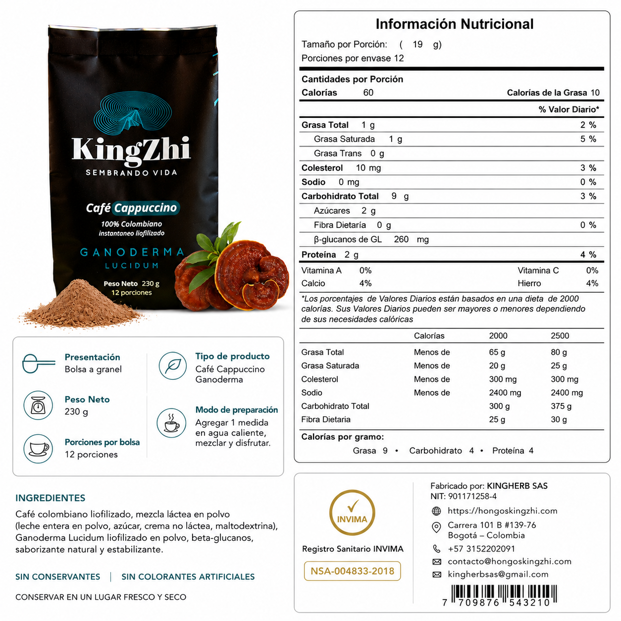 Café Cappuccino Ganoderma Lucidum Premium Tipo Exportación Colombiano Bolsa 230 g | 12 porciones | Café Liofilizado 100% Colombiano | Bebida Funcional - Imagen 9