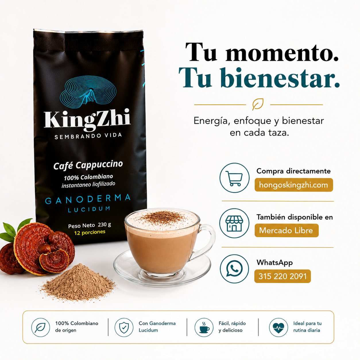 Café Cappuccino Ganoderma Lucidum Premium Tipo Exportación Colombiano Bolsa 230 g | 12 porciones | Café Liofilizado 100% Colombiano | Bebida Funcional - Imagen 11