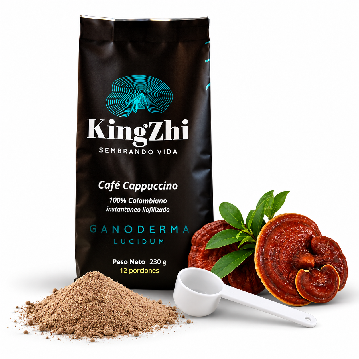 Café Cappuccino Ganoderma Lucidum Premium Tipo Exportación Colombiano Bolsa 230 g | 12 porciones | Café Liofilizado 100% Colombiano | Bebida Funcional