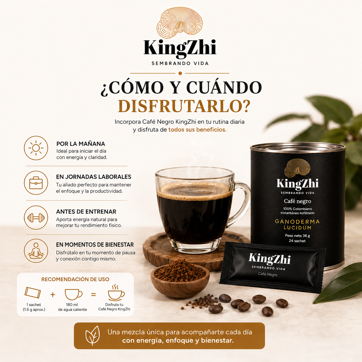 Café Negro Ganoderma Lucidum Premium Tipo Exportación Colombiano | Tarro 24 Sachets (36 g) | Café Liofilizado Premium - Imagen 10