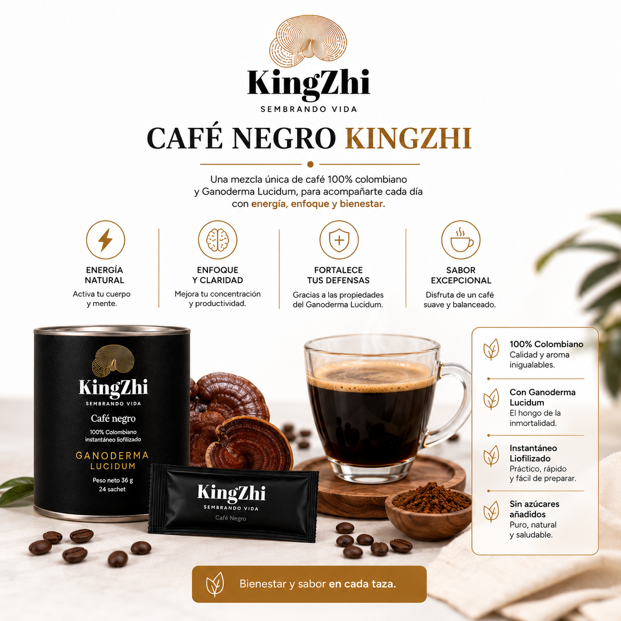 Café Negro Ganoderma Lucidum Premium Tipo Exportación Colombiano | Tarro 24 Sachets (36 g) | Café Liofilizado Premium - Imagen 12