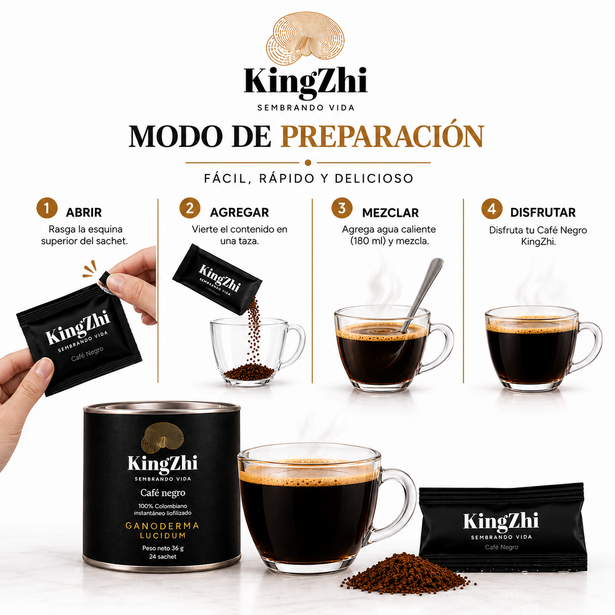 Café Negro Ganoderma Lucidum Premium Tipo Exportación Colombiano | Tarro 24 Sachets (36 g) | Café Liofilizado Premium - Imagen 13