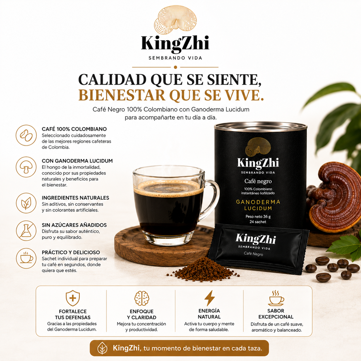 Café Negro Ganoderma Lucidum Premium Tipo Exportación Colombiano | Tarro 24 Sachets (36 g) | Café Liofilizado Premium - Imagen 15