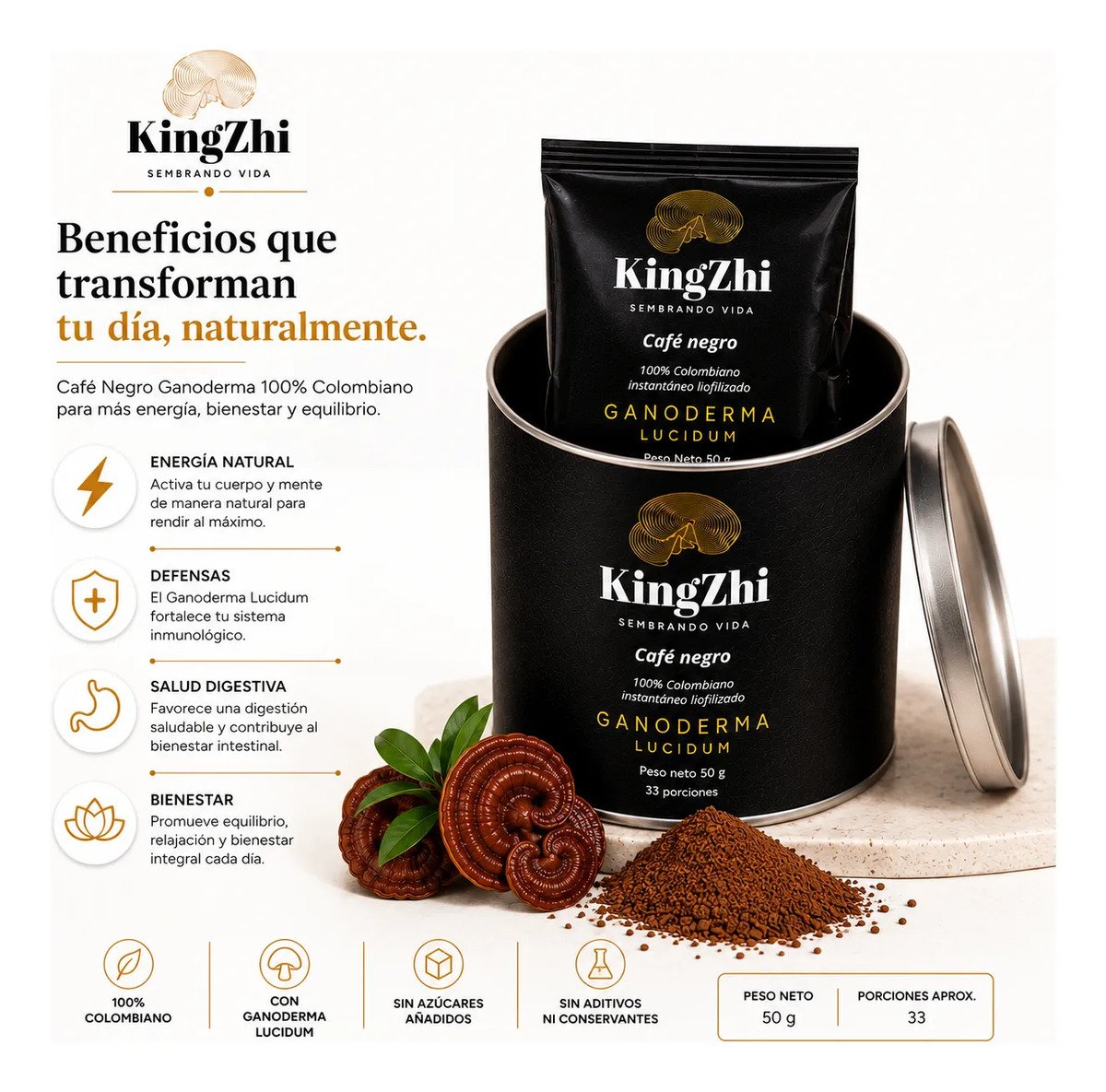 Café Negro Ganoderma Lucidum Premium Tipo Exportación Colombiano | Tarro 50 g (33 Porciones Aprox.) | Café Liofilizado Premium