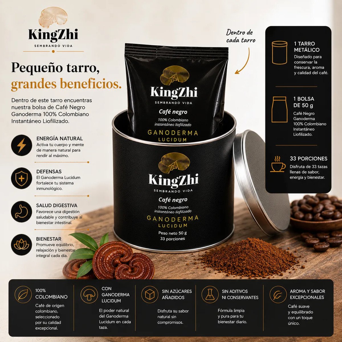 Café Negro Ganoderma Lucidum Premium Tipo Exportación Colombiano | Tarro 50 g (33 Porciones Aprox.) | Café Liofilizado Premium - Imagen 7