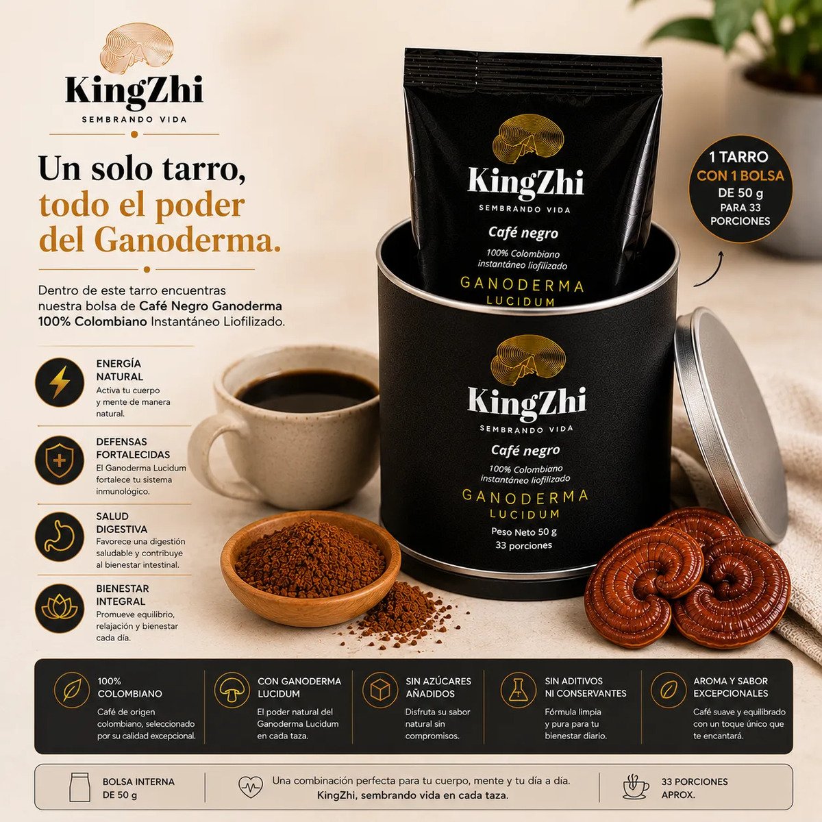 Café Negro Ganoderma Lucidum Premium Tipo Exportación Colombiano | Tarro 50 g (33 Porciones Aprox.) | Café Liofilizado Premium - Imagen 6