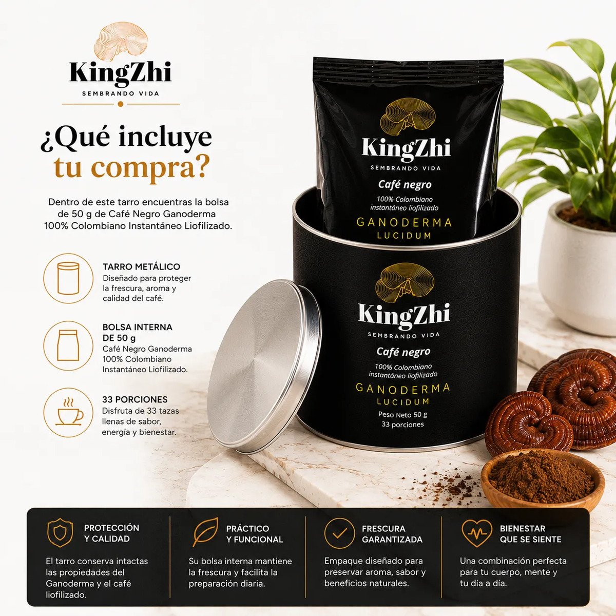Café Negro Ganoderma Lucidum Premium Tipo Exportación Colombiano | Tarro 50 g (33 Porciones Aprox.) | Café Liofilizado Premium - Imagen 8
