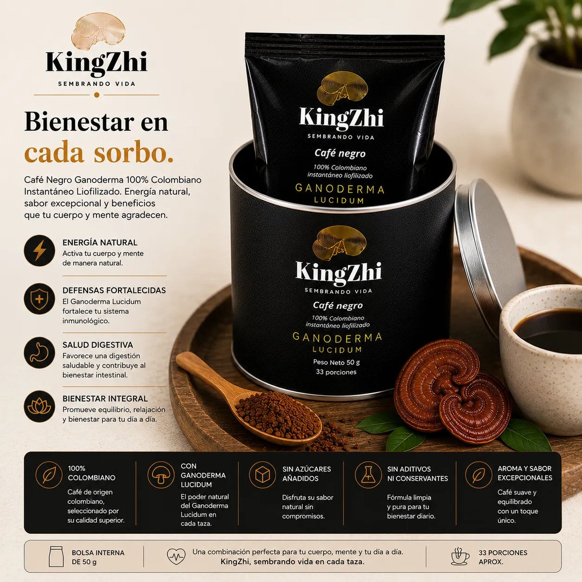 Café Negro Ganoderma Lucidum Premium Tipo Exportación Colombiano | Tarro 50 g (33 Porciones Aprox.) | Café Liofilizado Premium - Imagen 9