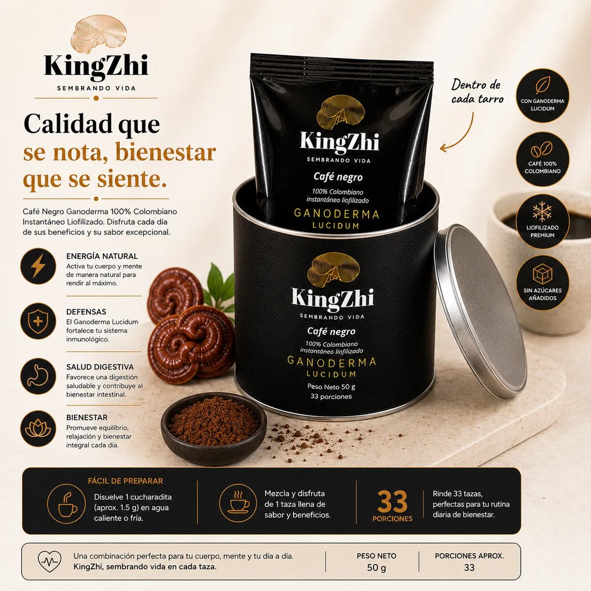 Café Negro Ganoderma Lucidum Premium Tipo Exportación Colombiano | Tarro 50 g (33 Porciones Aprox.) | Café Liofilizado Premium - Imagen 12