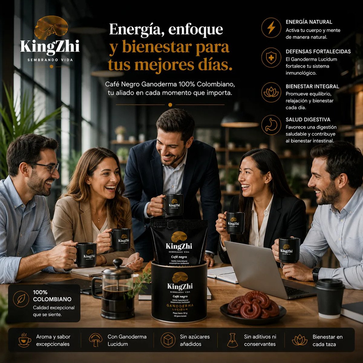 Café Negro Ganoderma Lucidum Premium Tipo Exportación Colombiano | Tarro 50 g (33 Porciones Aprox.) | Café Liofilizado Premium - Imagen 5