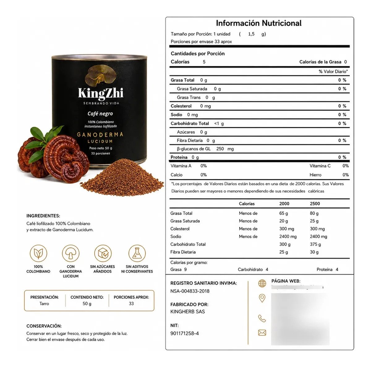 Café Negro Ganoderma Lucidum Premium Tipo Exportación Colombiano | Tarro 50 g (33 Porciones Aprox.) | Café Liofilizado Premium - Imagen 2