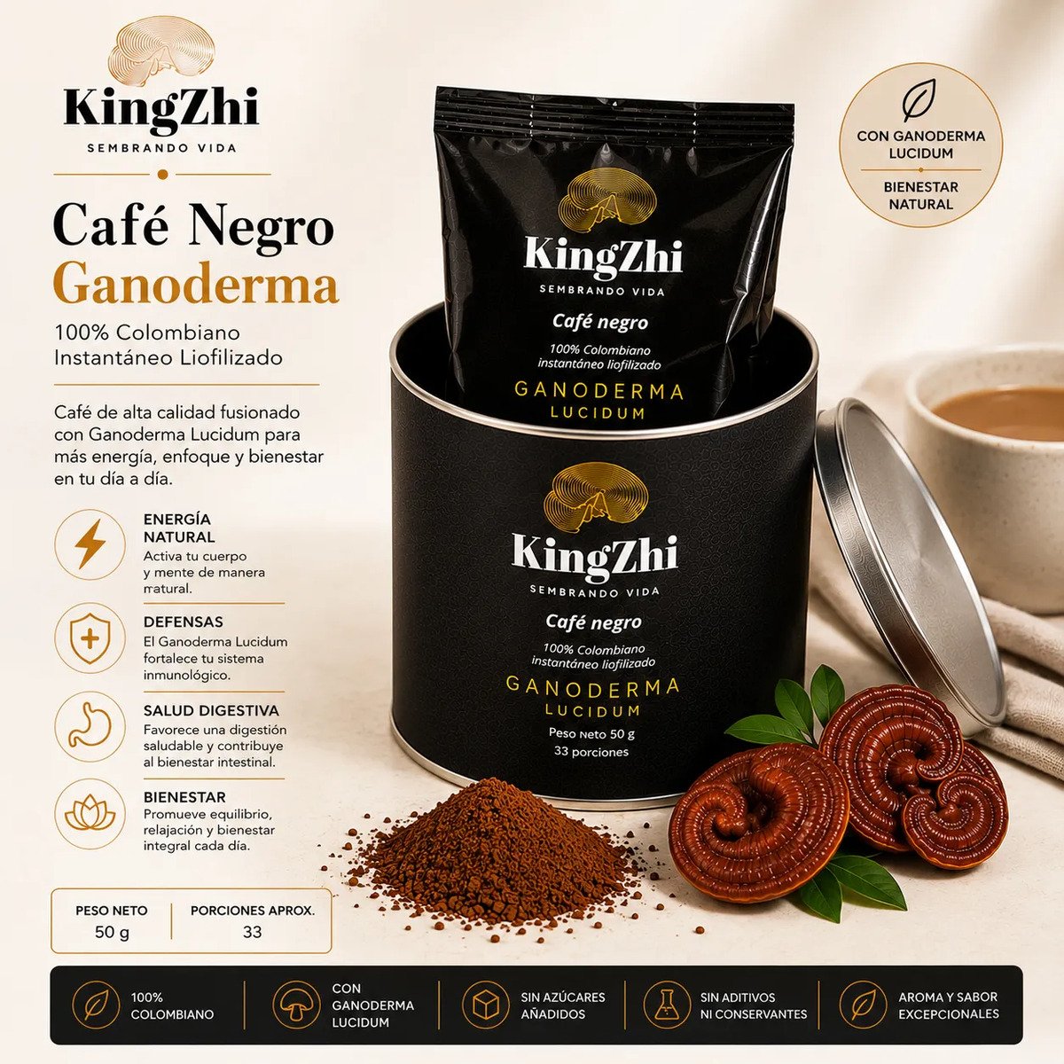 Café Negro Ganoderma Lucidum Premium Tipo Exportación Colombiano | Tarro 50 g (33 Porciones Aprox.) | Café Liofilizado Premium - Imagen 11