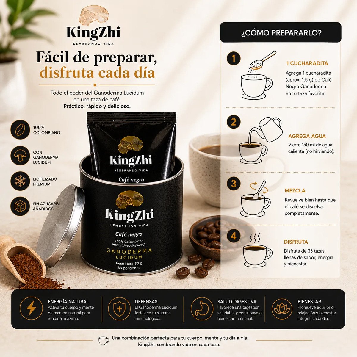 Café Negro Ganoderma Lucidum Premium Tipo Exportación Colombiano | Tarro 50 g (33 Porciones Aprox.) | Café Liofilizado Premium - Imagen 4