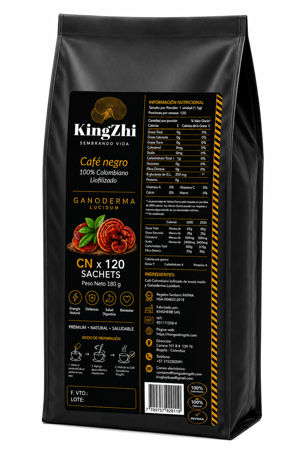 Café Negro con Ganoderma Lucidum 120 Sachets (180 g) | Café Liofilizado Premium Colombiano | Bolsa Institucional | KingZhi - Imagen 3