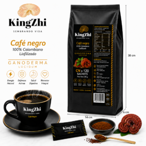 Café Negro con Ganoderma Lucidum 120 Sachets (180 g) | Café Liofilizado Premium Colombiano | Bolsa Institucional | KingZhi