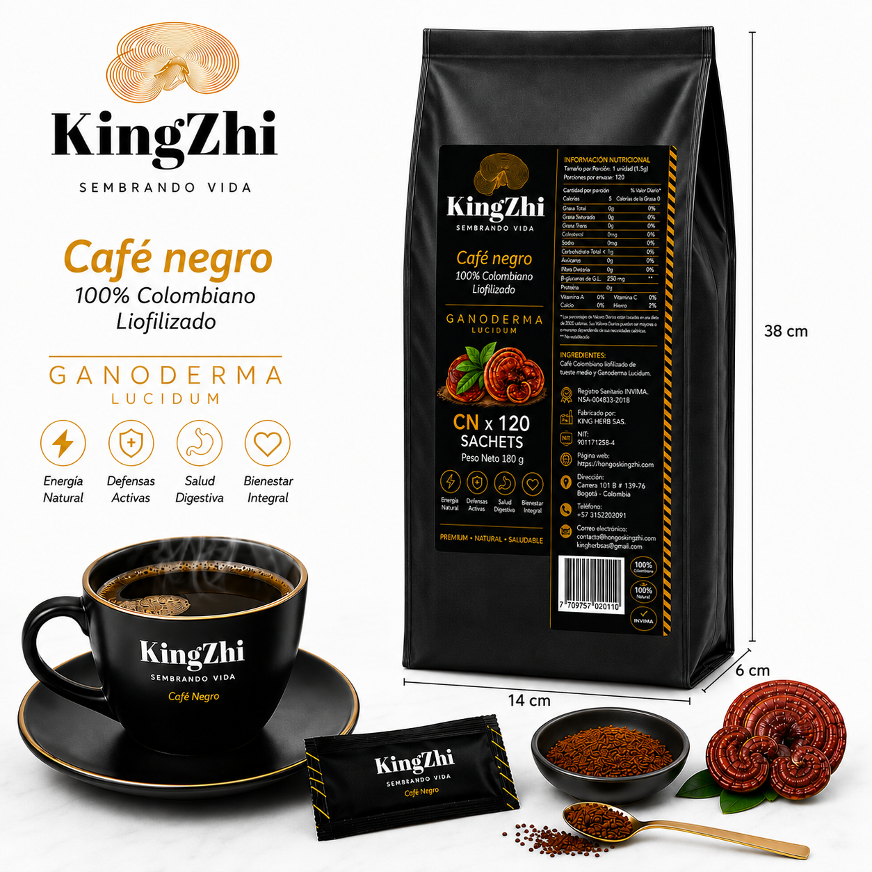 Café Negro con Ganoderma Lucidum 120 Sachets (180 g) | Café Liofilizado Premium Colombiano | Bolsa Institucional | KingZhi