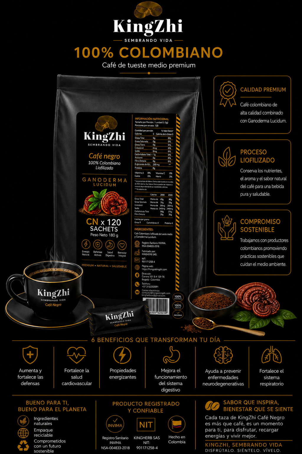Café Negro con Ganoderma Lucidum 120 Sachets (180 g) | Café Liofilizado Premium Colombiano | Bolsa Institucional | KingZhi - Imagen 11