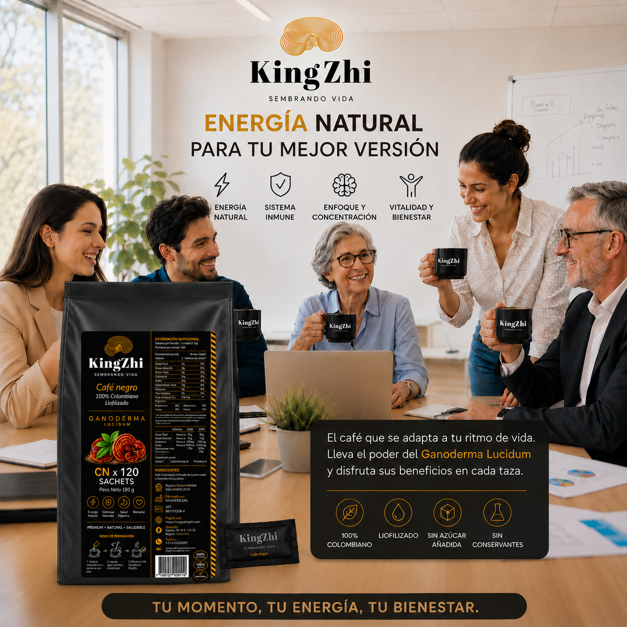 Café Negro con Ganoderma Lucidum 120 Sachets (180 g) | Café Liofilizado Premium Colombiano | Bolsa Institucional | KingZhi - Imagen 9