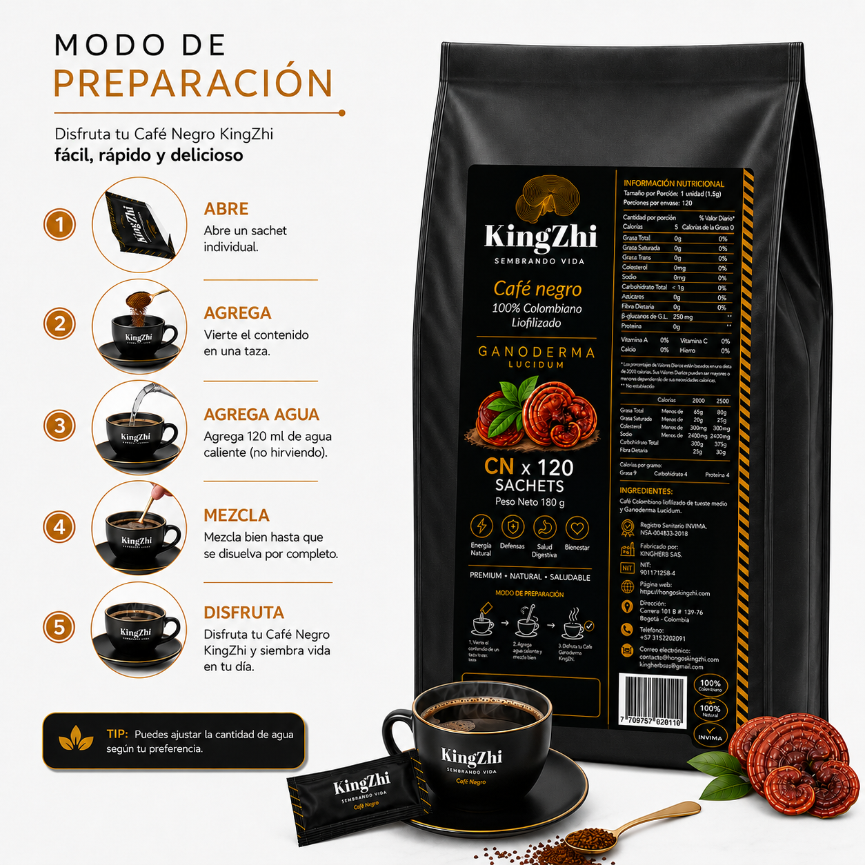 Café Negro con Ganoderma Lucidum 120 Sachets (180 g) | Café Liofilizado Premium Colombiano | Bolsa Institucional | KingZhi - Imagen 8
