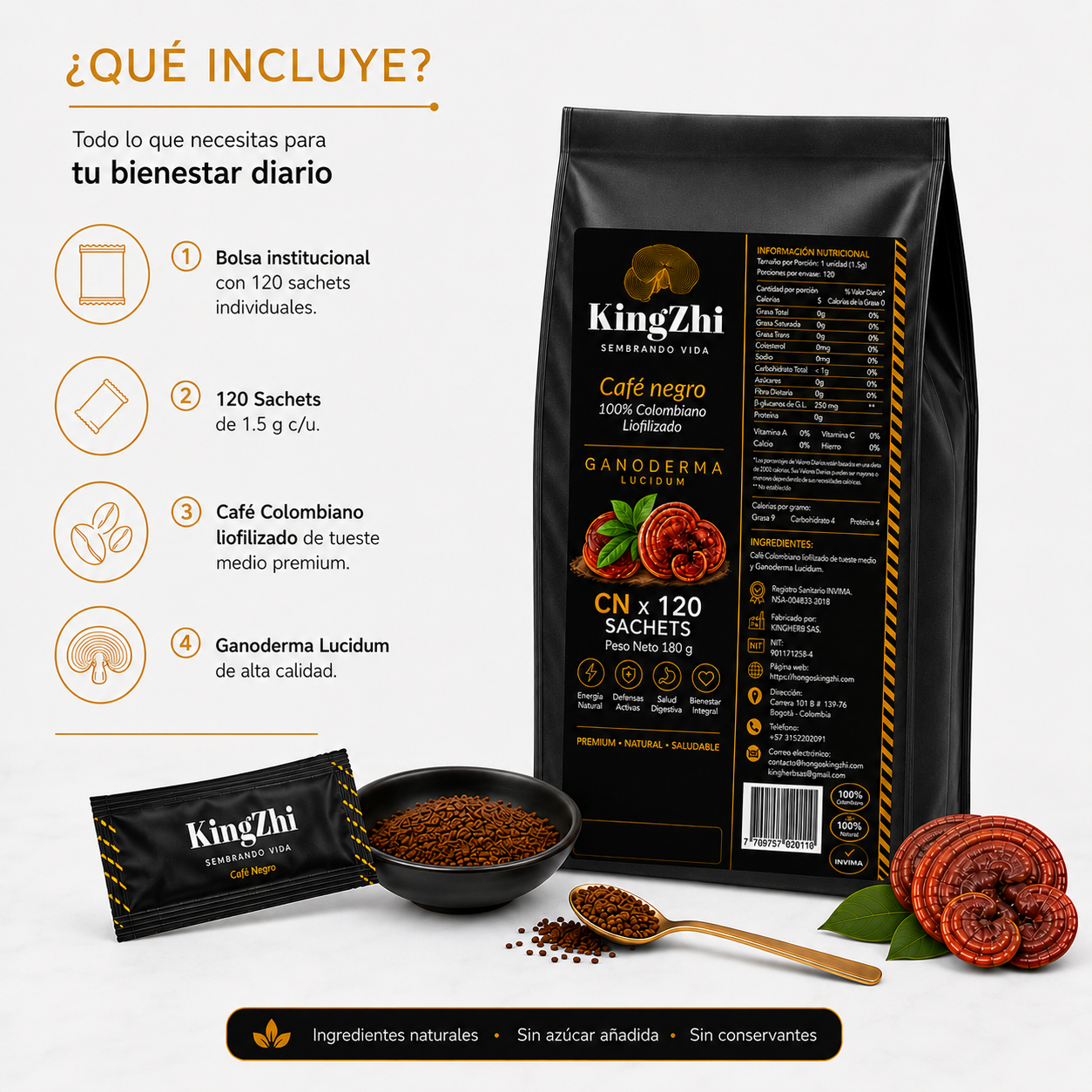 Café Negro con Ganoderma Lucidum 120 Sachets (180 g) | Café Liofilizado Premium Colombiano | Bolsa Institucional | KingZhi - Imagen 7