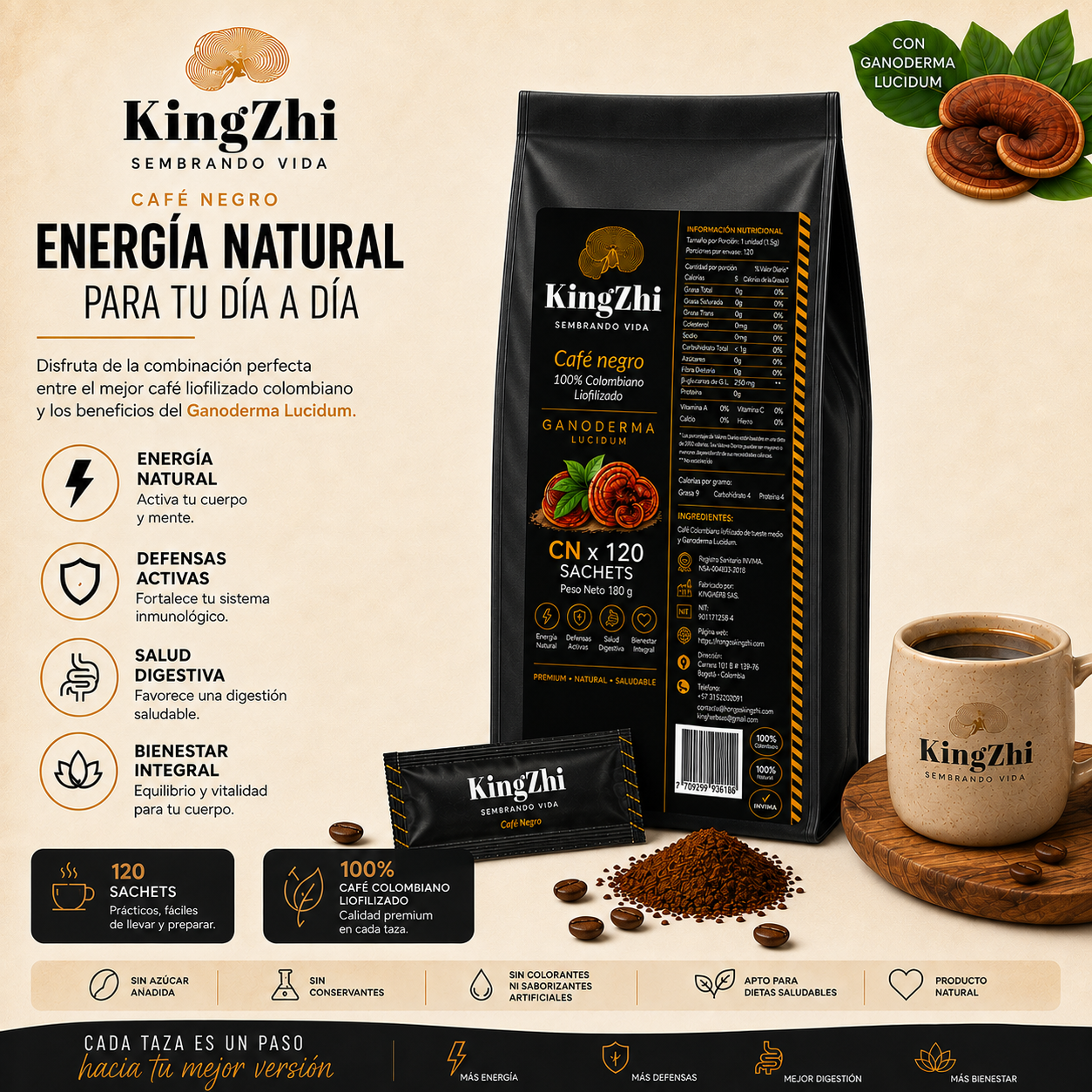 Café Negro con Ganoderma Lucidum 120 Sachets (180 g) | Café Liofilizado Premium Colombiano | Bolsa Institucional | KingZhi - Imagen 6