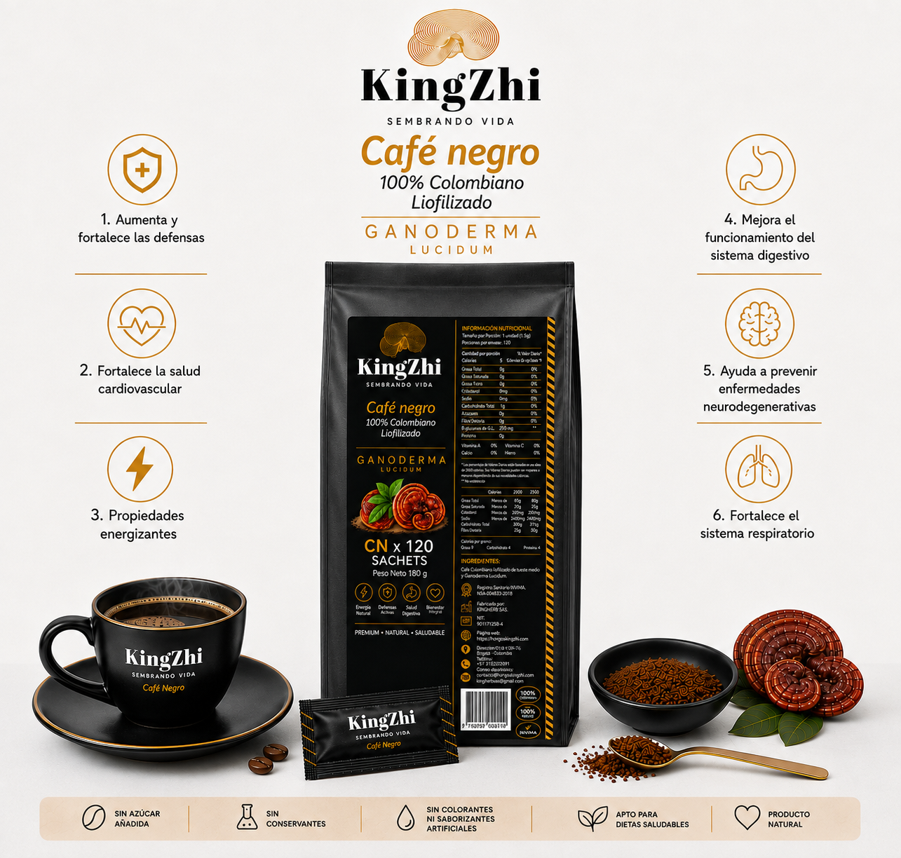 Café Negro con Ganoderma Lucidum 120 Sachets (180 g) | Café Liofilizado Premium Colombiano | Bolsa Institucional | KingZhi - Imagen 5