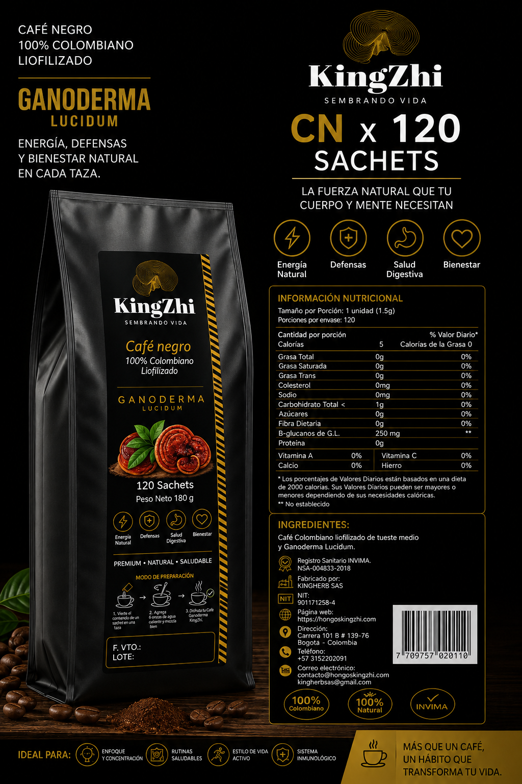 Café Negro con Ganoderma Lucidum 120 Sachets (180 g) | Café Liofilizado Premium Colombiano | Bolsa Institucional | KingZhi - Imagen 4