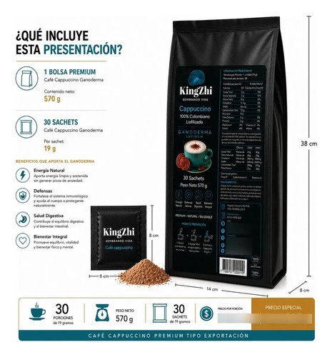 Café Cappuccino Ganoderma Lucidum Premium 30 Sachets 570g - Imagen 7