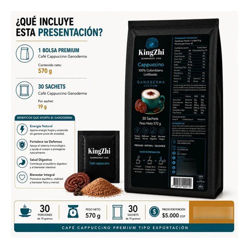 Café Cappuccino Ganoderma Lucidum Premium 30 Sachets 570g - Imagen 8