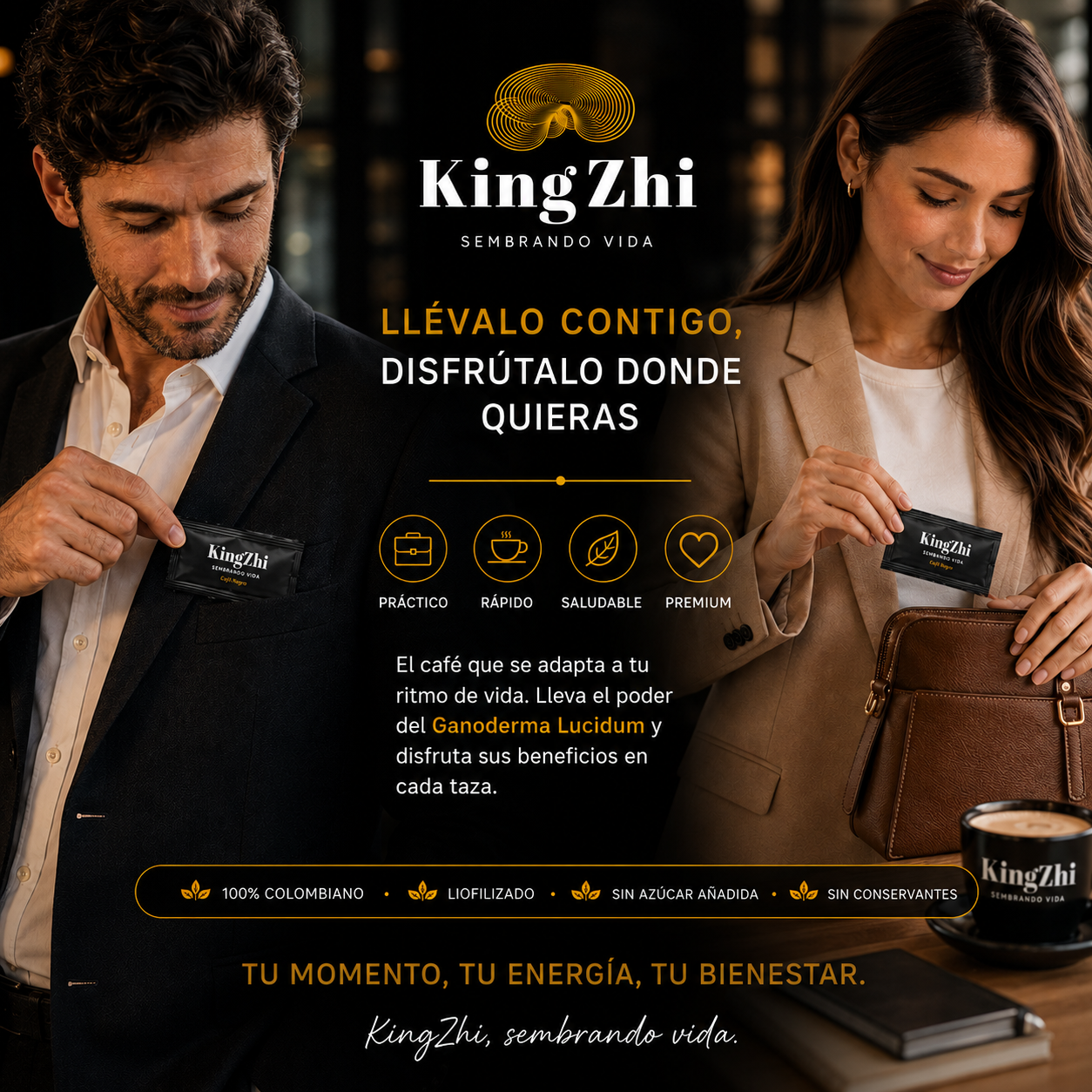 Café Negro con Ganoderma Lucidum 120 Sachets (180 g) | Café Liofilizado Premium Colombiano | Bolsa Institucional | KingZhi - Imagen 2